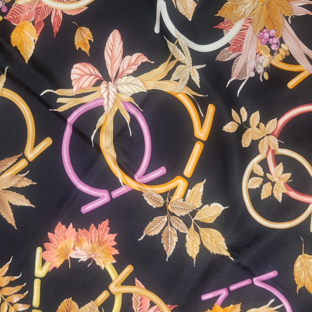 Authentic Black Scarf with Colorful Leaf and Circle Design